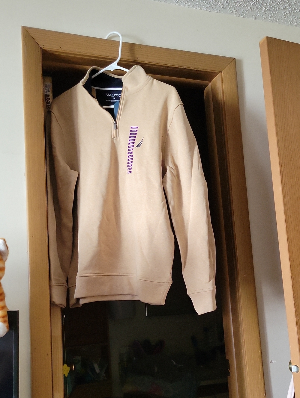 Nautica Men's Beige/Tan Quarter-Zip Sweater with Purple Accent